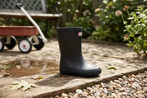 Classic tall kids rubber rain boots on a boot tray