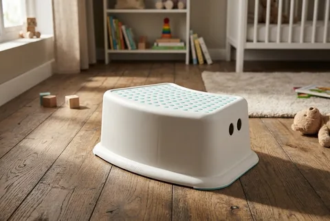 White IKEA FÖRSIKTIG stool with turquoise dotted top on a wooden nursery floor