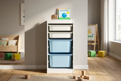 White IKEA TROFAST frame with white and light blue pull-out bins against a playroom wall