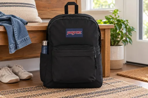Black JanSport SuperBreak Plus backpack standing in a family entryway