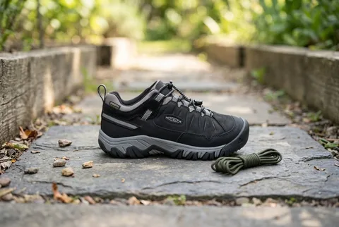 Keen Targhee IV Low Waterproof big kids hiking shoe - black and steel grey colorway, side view showing bungee lacing and rubber toe bumper