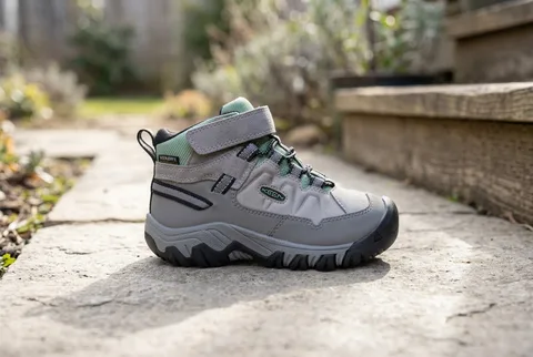 Keen Targhee IV Mid Waterproof little kids hiking shoe - alloy and granite green colorway, side view showing mid-cut collar and hook-and-loop strap