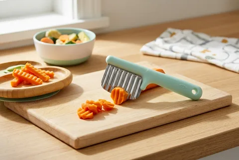 Crinkle cutter and blunt kid kitchen knives on a counter