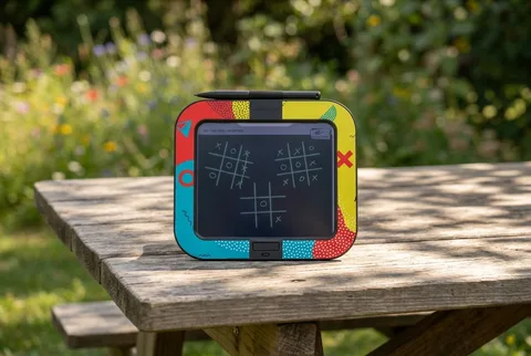 Boogie Board Dash tablet showing tic-tac-toe grids on a wooden picnic table