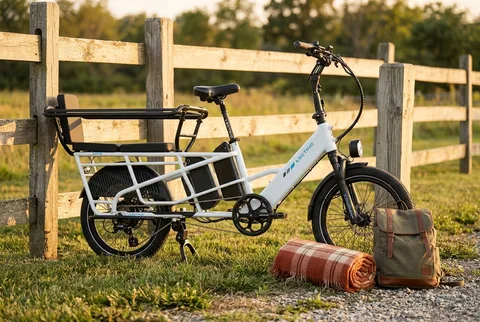 Lectric XPedition 2.0 cargo e-bike leaning against a wooden fence with a picnic blanket and backpack nearby