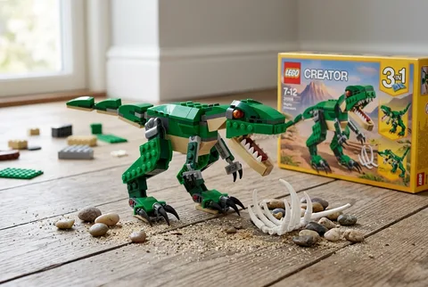 LEGO Creator 3-in-1 Mighty Dinosaurs set 31058 assembled as the green T. rex