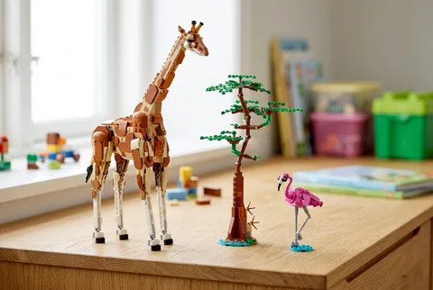 LEGO Creator 3-in-1 Wild Safari Animals set 31150 assembled as a giraffe with tree and flamingo