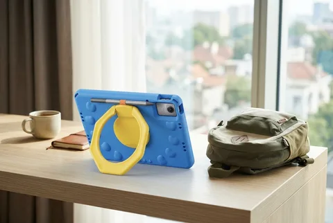 Lenovo Idea Tab 11 in a blue shockproof kids case with a yellow rotating handle on a hotel desk