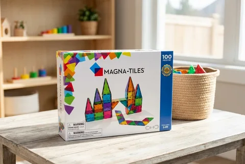 Magna-Tiles Classic 100-piece set box on a whitewashed wooden table beside a basket of tiles