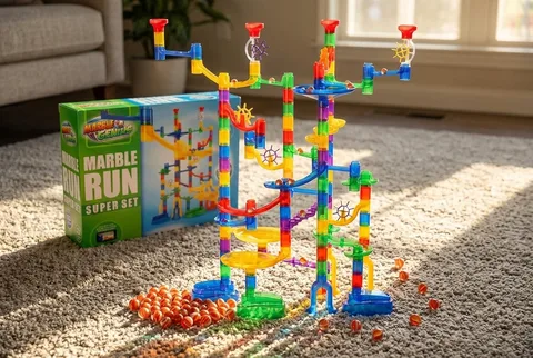 Marble Genius Marble Run Super Set assembled with marbles