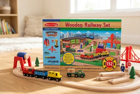 Melissa & Doug wooden railway set with engines, cars, and track pieces
