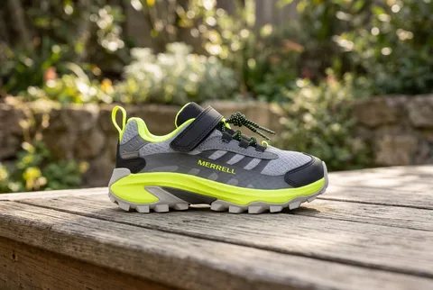 Merrell Moab Speed 2 Low AC Waterproof kids hiking shoe - black, grey, and citron colorway, side view showing low-cut collar and laces