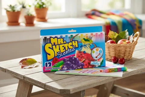 Mr. Sketch Scented Markers 12-count box on a wooden table beside a basket of apples