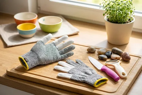 Small gray cut-resistant kitchen glove on a counter beside child-safe prep tools