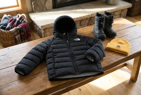 Black North Face Perrito insulated kids jacket on a wooden bench beside winter boots and a knit hat