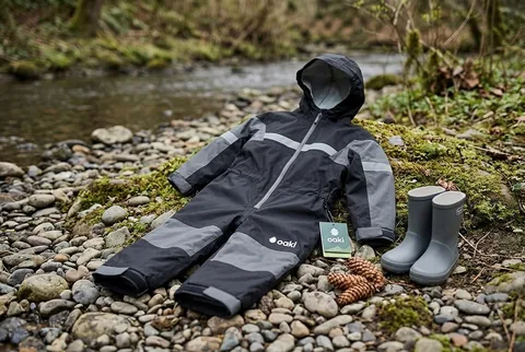 Oaki Trail one-piece kids rain suit in natural light