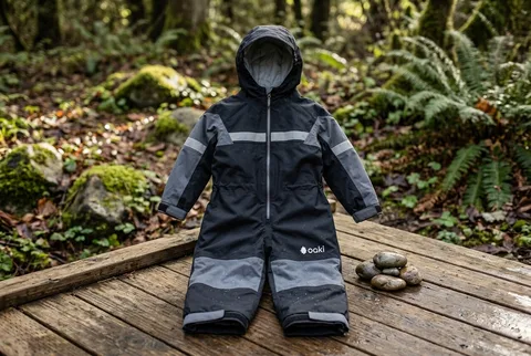 Black Oaki Children's Trail Suit with hood, covered zipper, elastic cuffs, and reflective trim