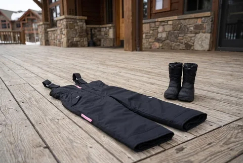 Black Obermeyer Snoverall snow pants with pink details beside black winter boots on a porch