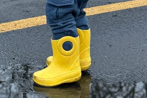 Yellow Okabashi Kendall rain boots standing in a shallow puddle