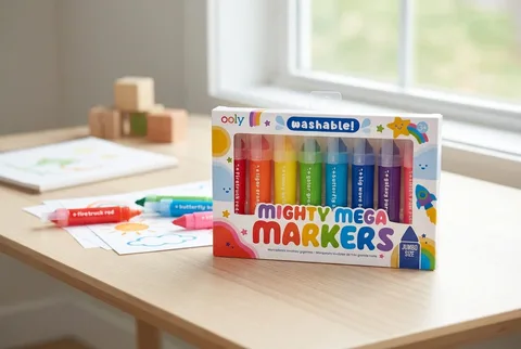 OOLY Mighty Mega Markers box on a kids table with drawings and wooden blocks