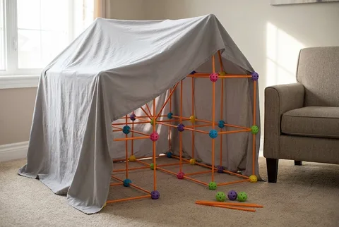 Crazy Forts Original (69 Piece, Multicolor) box and built frame with blanket