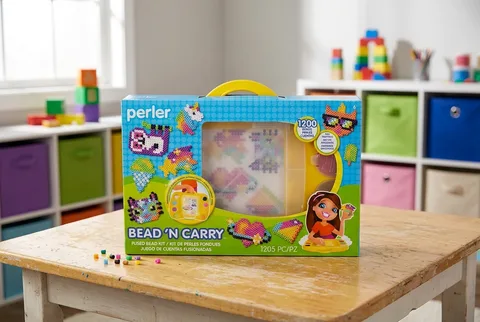 Perler Bead 'n Carry Activity Kit with beads, pegboards, and carrying case