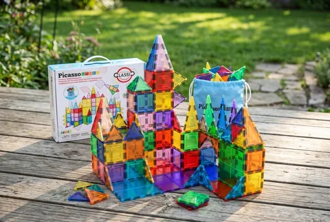PicassoTiles 100 Piece Set shown in a realistic product review scene