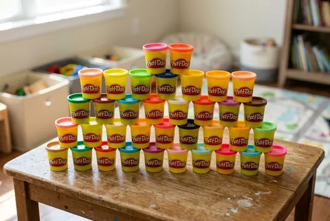 Thirty-six Play-Doh modeling dough tubs in assorted colors
