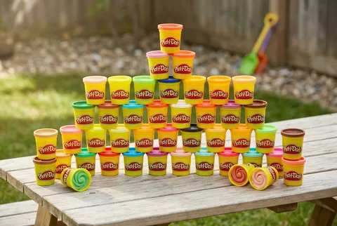 Play-Doh 36-pack cans stacked in a pyramid on a wooden picnic table outdoors