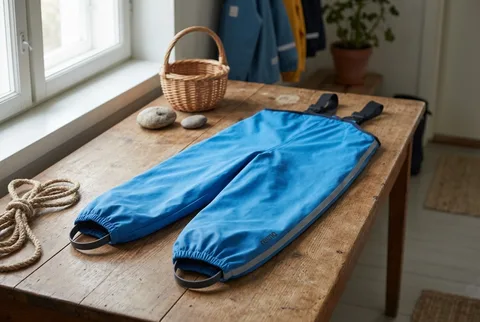 Blue Reima Lammikko Rain Pants with suspenders, high bib, and elastic foot straps