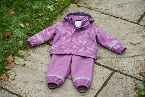 Purple Reima Rain Outfit Joessa with hooded jacket and suspender rain pants