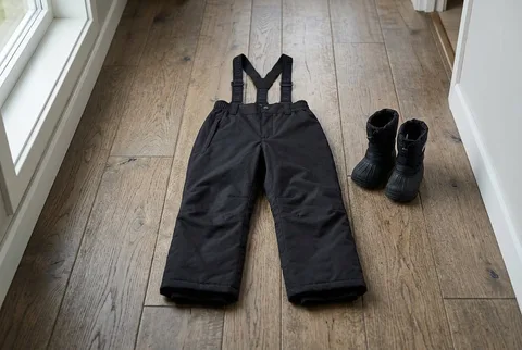 Black Reima Reimatec Loikka suspender snow pants beside black winter boots on a wooden floor