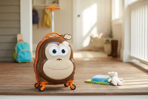 Brown monkey-face Rockland Jr. hardside spinner suitcase standing in a sunlit hallway beside a backpack
