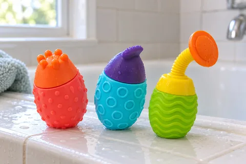 Three Sassy Easy Squeezies bath toys with coral, turquoise and lime textured cups and their different lids