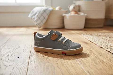See Kai Run Stevie II gray leather sneakers on a concrete step