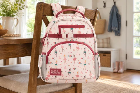 Simple Modern Fletcher medium 12-liter backpack in the Pink Ballerina print hanging on a wooden chair