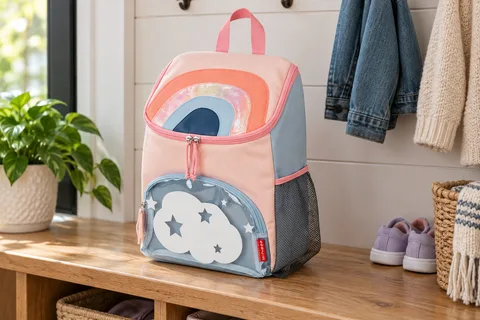 Skip Hop Spark Style Big Kid Backpack in the pink Rainbow design on a wooden entryway bench