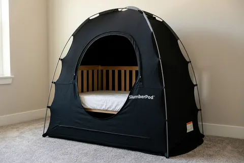 SlumberPod Blackout Sleep Tent 3.0 product image showing the pop-up tent over a sleep surface