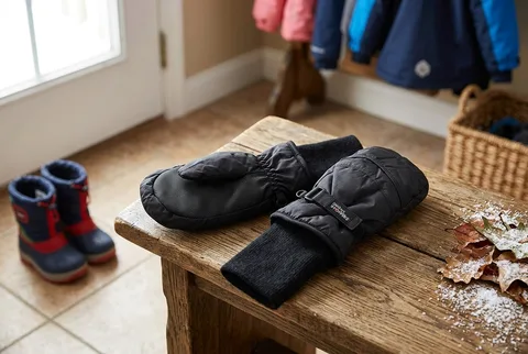 Black SnowStoppers long-cuff winter mittens laid on a wooden bench beside snow boots