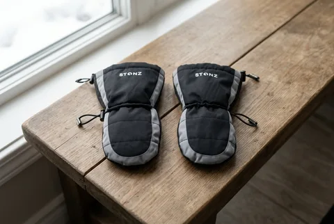 Stonz kids snow mitts on a wooden mudroom bench near a window
