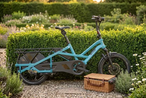 Tern GSD S10 cargo e-bike leaning against a garden hedge with a picnic basket by the front wheel