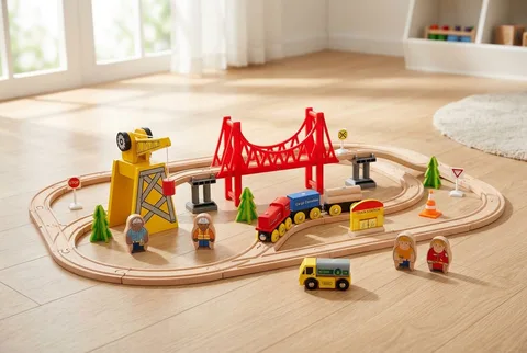 Tiny Land 55-piece wooden train set assembled with a red suspension bridge, yellow crane, and train on a wood floor