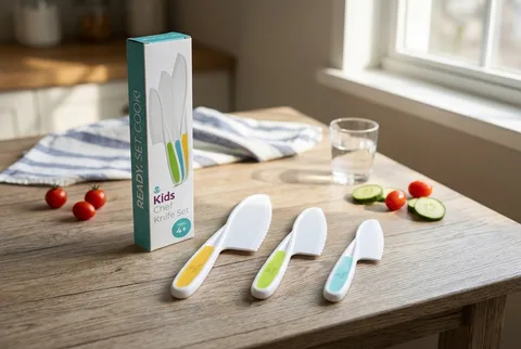 Small cutting board with kid kitchen safety tools and sliced vegetables