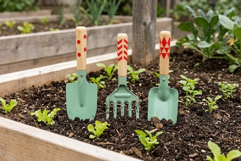 Toysmith Beetle and Bee Kids Garden Hand Tools package with shovel, rake, and trowel