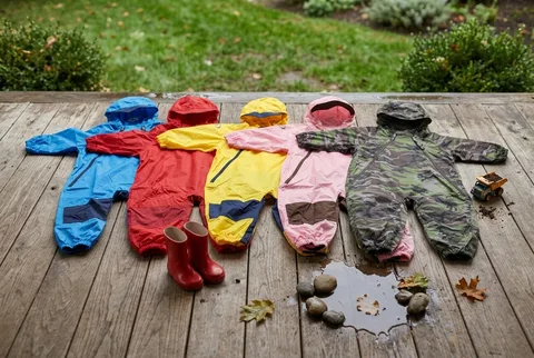 Five Tuffo Muddy Buddy one-piece rain suits in blue, red, pink, yellow, and green
