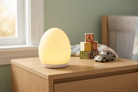 VAVA egg-shaped baby night light glowing on a wooden dresser beside alphabet blocks and a toy car