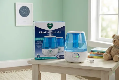 Vicks Filter-Free Cool Mist Humidifier shown in a realistic product review scene