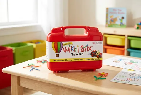 Red Wikki Stix Traveler case on a kids table with wax-stick shapes and drawings
