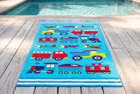 Wildkin kids beach towel printed with trains, planes and fire trucks on a blue ground, spread flat on a sunlit poolside deck