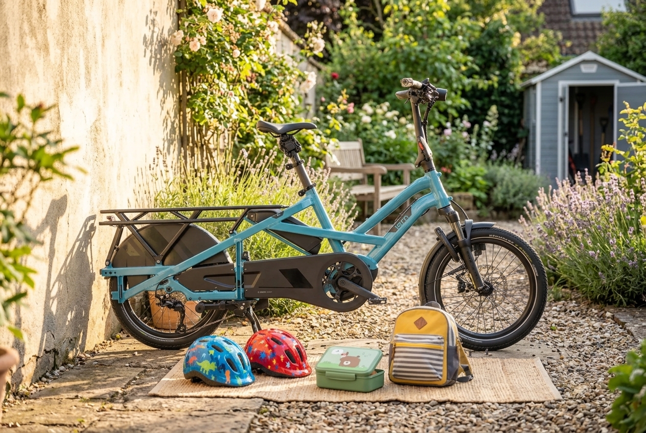 Family cargo e-bike leaning against a garden wall with kids helmets and a lunch box nearby
